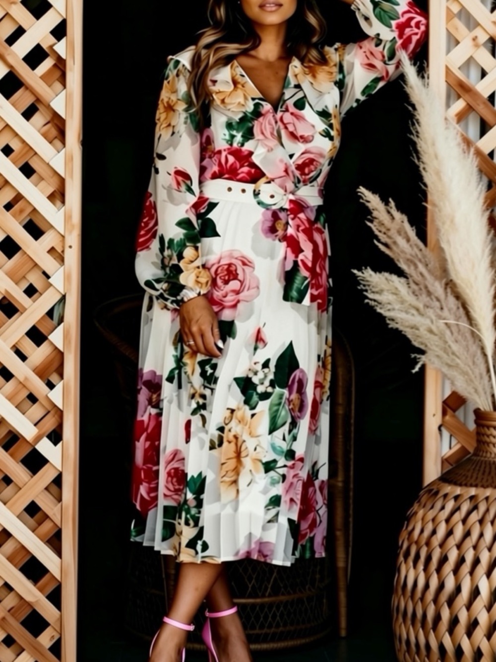 Floral midi pleated long sleeve chiffon swing dress